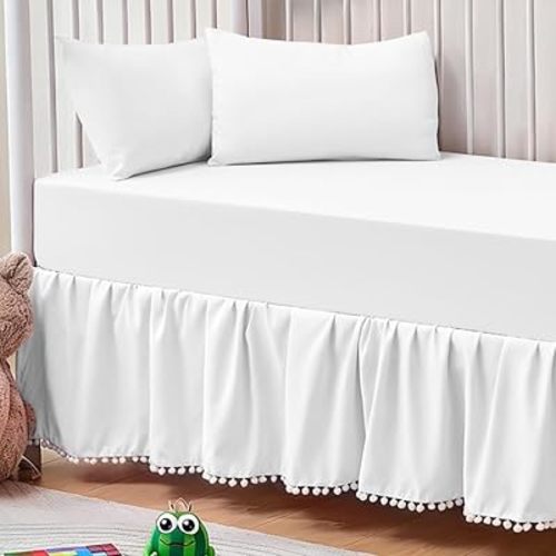 NSGZ Crib Bed Skirt White Pompom Ruffled Dust Ruffle 28x52 Inch 14 Drop