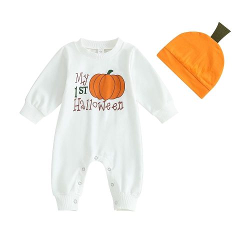 Ledy Champswiin 2Pcs Neutral Outfits Newborn Baby Boy Girl Pumpkin Romper Jumpsuit My 1st Halloween Clothes with Hat