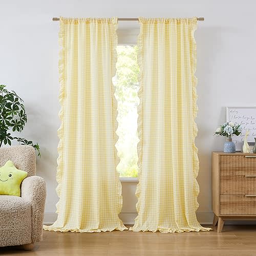 ZJDECOR Yellow Buffalo Plaid Ruffle Curtain Panels 90 Inches Long,Shabby Chic Not-See-Through Sheer Drapes for Girls Room Bedroom Living Room,Shabby Chic Window Treatment,Rod Pocket Top,40" Wx90 Lx2
