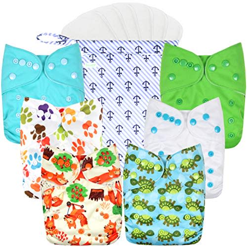 wegreeco Cloth Diapers 6 Pack with 6 Inserts & 1 Wet Bag, Washable Cloth Diapers for Babies, One Size Adjustable Reusable Diapers Baby (Neutral Prints)