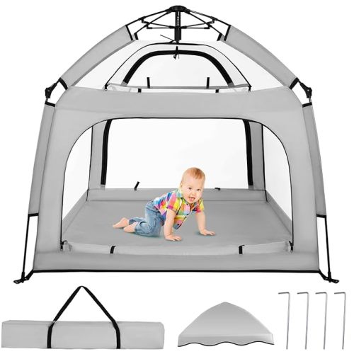 Portable Baby Playpen with Canopy, Infant Play Yard, Beach Tent, Mosquito Net for Indoor and Outdoor (Beige)