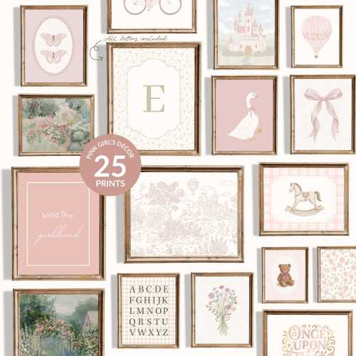 Pink Nursery Prints Set: Vintage Girl Room Gallery Wall (Digital Download)