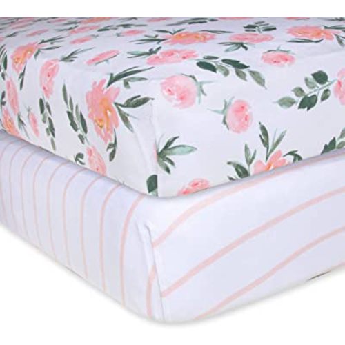 Burts Bees Baby Fitted Crib Sheet Organic Cotton BEESNUG - Autumn Bloom and Stripe Prints, Fits Unisex Standard Bed and Toddler Mattress, Infant Essentials, 28 x 52 x 5.5 Inch 2-Packs