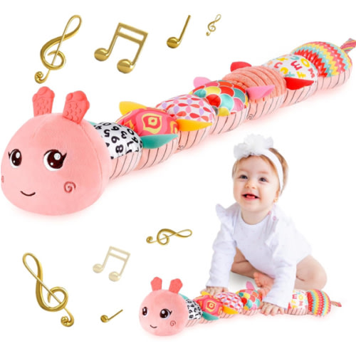 Infant Baby Musical Stuffed Animal Activity Soft Toys with Multi-Sensory Crinkle, Rattle and Textures for 0-3-6-12 Months Developmental Toys, Caterpillar, Pink