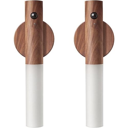 LANDGOO Wooden Motion Sensor Night Lights, Magnet Body Hallway Rechargeable LED Wireless Wall Sconces, Portable Decor Battery Powered Indoor Torch Lighting for Bedroom (Walnut Wood 2PCS)