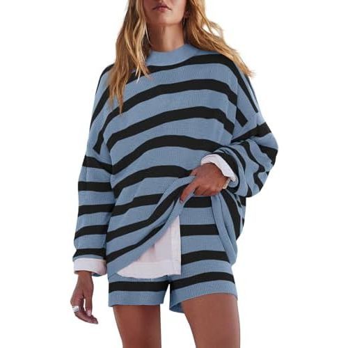 LAMISSCHE Womens Oversized Lounge Sets 2 Piece Outfits Striped Matching Pajama Set Long Sleeve Sweater Set
