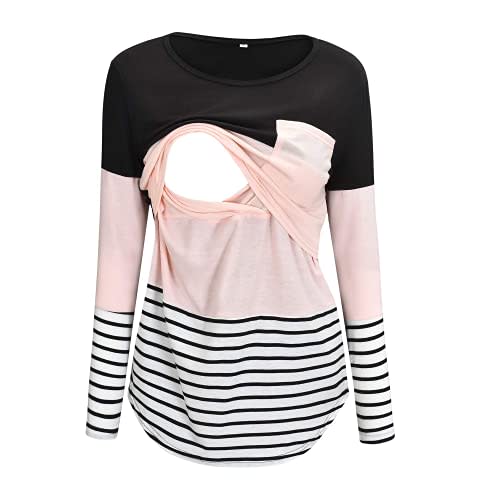 Bhome Nursing Tshirt Color Block Maternity Short Sleeve Top for Breastfeeding Pregnancy Shirt with Pocket