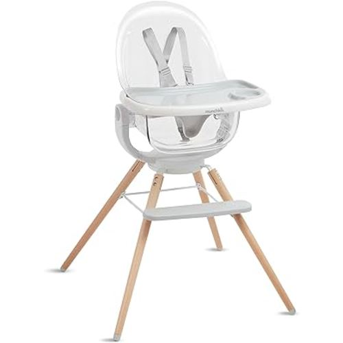 Munchkin® 360° Cloud™ Baby and Toddler High Chair with Clear Seat and 360° Swivel, White and Grey with Wooden Legs