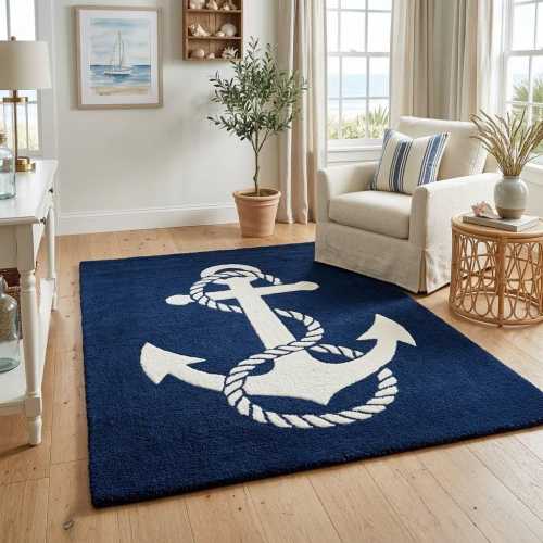 Hand Tufted Anchor Rug | Nautical Wool Carpet | Navy Blue Coastal Decor