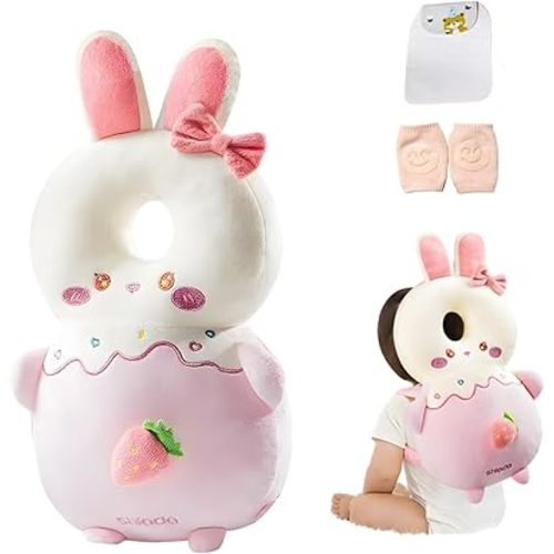 Baby Head Protector Backpack, Toddler Baby Head Protection Backpack with Baby Knee Pads Alarm Function for Walking & Crawling, Soft, Breathable and Wearing Safety Baby Head Protector (Pink Rabbit)