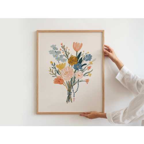 Flower Bouquet Rosary Artful Botanical Painting Catholic Gift for Her Virgin Mary Blessed Mother Wallart Floral Subtle Christian Art Print