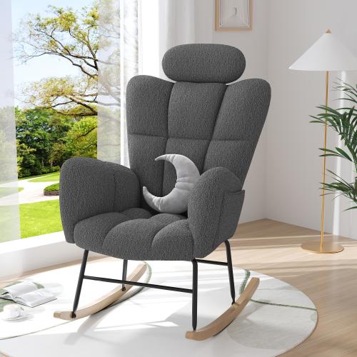 PAPROOS Modern Teddy Fabric Rocking Chair, Accent Rocker Chair with High Backrest, Accent Glider Rocker for Living Room Bedroom Playroom, Gray