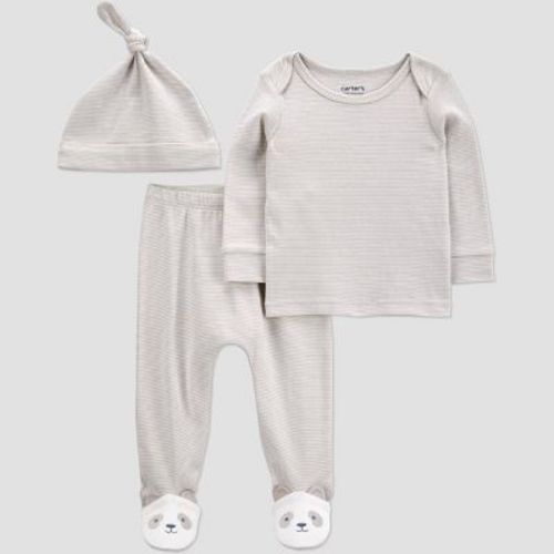 Carter's Just One You®️ Baby Boys' 3pc Long Sleeve Panta Feet Top & Bottom Set - Ivory 6M: Stripe Pattern, Elastic Waistband