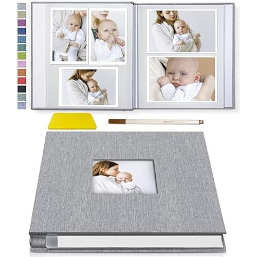 Popotop Photo Album Self Adhesive with Picture Display Window,40 Pages DIY Baby Memory Book for 4x6 8x10 Picture,Linen Cover Scrapbook for Wedding,with Scraper and Metallic Pen