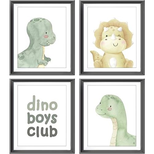 Dino Boys Club Watercolor Baby Dinosaurs Nursery Poster Prints for Baby Boy Teen Kids Room Playroom Decor,Dinosaurs Nursery Decorations Prints Wall Art Unframed 4pcs 8x10inches,Boys Kids Gifts