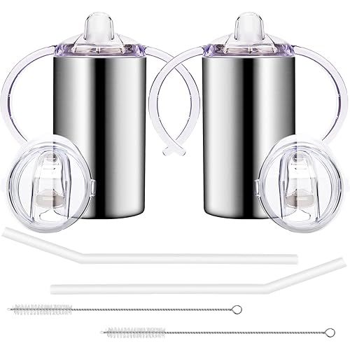 12oz Stainless Steel Sippy Cups for Toddlers with Handles, Spill Proof Double Wall Vacuum Insulated Sippy Cups, Kids Straw Cups with Extra Lids for School, Outdoor, 2 Pack