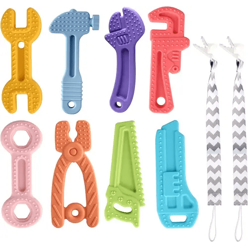 8 Pack Chew Baby Teething Toys for 0-12 Months, Freezable BPA Free Silicone Baby Molar Teether Chew Toys, Hammer Wrench Spanner Pliers Hand Saw Shape Baby Girl's Boy Car Seat Toy