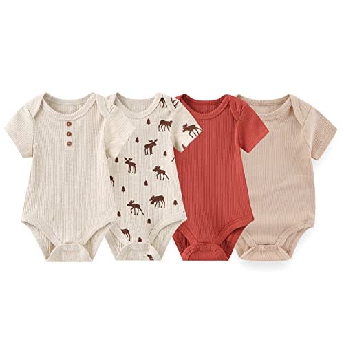 ZAV Solid Unisex Short Sleeve Baby Boy Girl Bodysuits 4-pack Cotton Cartoon Baby Clothes Soft Infant Outfits