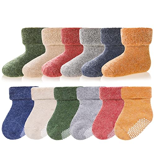 AMENLAN Baby Wool Floor Socks Soft Winter Warm Thick Non slip Toddler Boys Girls Crew Neck Socks 6 pairs