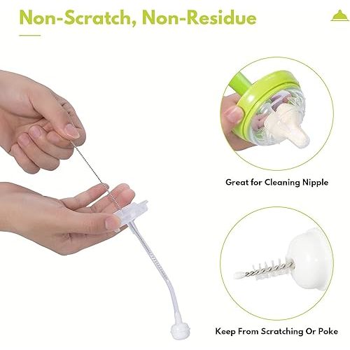 Baby Bottle Brush with One Base Hidden Nylon Nipple Cleaner, 2 Pcs Sponge Nipple Brushes, 2 Pcs Straw Brushes, Bottle Brush with Nipple Cleaner and Suction Cup (Green)