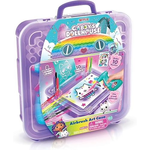 Gabby’s Dollhouse™ Airbrush Art Case! Handled Art case for Storage and Portability! Make Your own Cat-tasic Posters with Stencils and air Brush. Age 4+