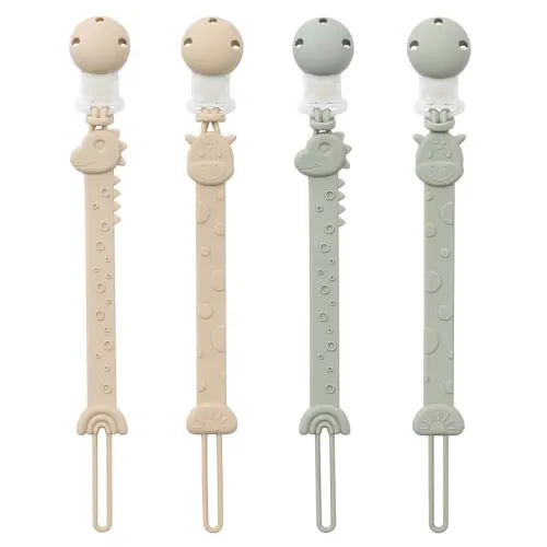 YIVEKO Pacifier Clips for Baby One Piece Silicone Pacifier Holder Clips for Boys Girls Paci Binky Clips 4Pcs Pacifier Clip Animal Design Rainbow-Ivory+Sage