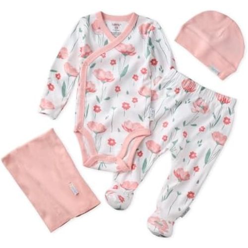 Butterblu Take Me Home 4-Piece Baby Gift Set Organic Cotton Layette Clothing in Box, Floral Fields, 0-3 Months