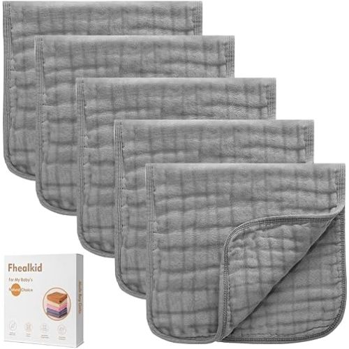 Muslin Burp Cloths Sets Newborn Baby Boy Essentials Must Haves 100% Cotton 5 Pack 20" X 10",6-Layer Baby Bibs & Burp Cloths for Baby Drool and Messes - Soft (Gray, 5 - Pack 20"X10")