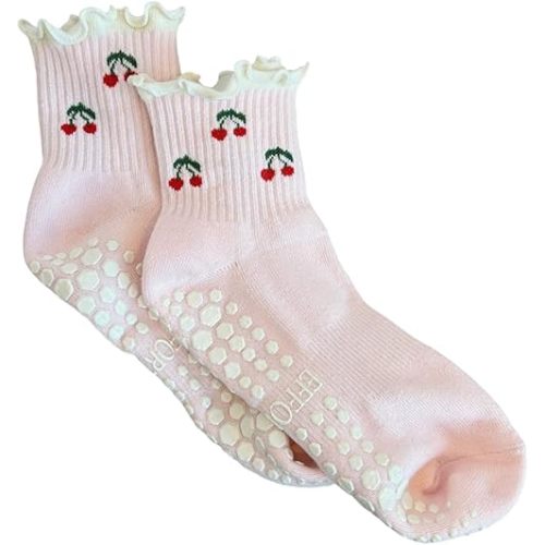 Crew Half Calf Grip Socks, Cutest Fruits Pilates Socks, Non-Slip, Barre Yoga Fitness, Cherry Printed