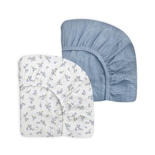 Mini Crib Sheets for Baby Boy Girl 2 Pack, Neutral Mini Crib Mattress Sheet 24" x 38", Muslin Nursery Bedding Soft and Breathable Comfort(Bluebell Bloom & Light Blue)