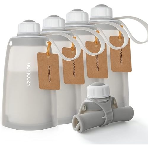 No Leak Momcozy Silicone Breastmilk Storage Bags, Reusable Breastmilk Freezer Storing Bags for Breastfeeding, 8.5oz/250ml Breast Milk Saver, Leakproof Baby Food Pouches, BPA Free (Gray, 5pcs)