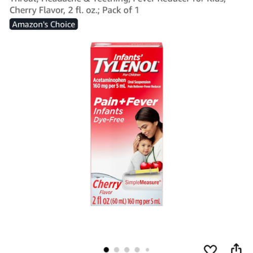 Infants' Tylenol Liquid Pain Relief and Fever Medicine, Oral Suspension, Dye-Free Acetaminophen for Sore Throat, Headache & Teething, Fever Reducer for Kids; Cherry Flavor, 2 fl. oz.; Pack of 1