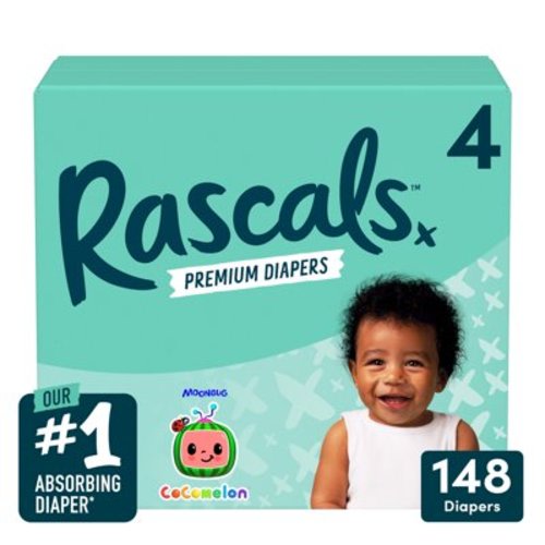 Rascals Premium CoComelon Absorbent Baby Diapers Size 4, 148 Count (Select for More Options)