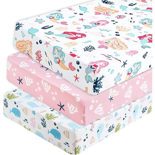 PHF 3 Pack Soft Mermaid Crib Sheets Fitted, Silky Comfy Breathable Baby Sheets for Boys Girls Neutral, 28x52 Inches Fits Standard Crib and Toddler Mattresses, Mermaid
