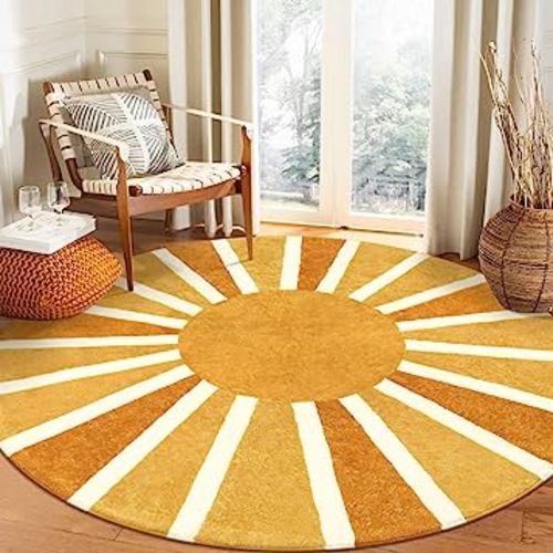 Lahome Boho Round Rugs - 4Ft Washable Non-Slip Small Round Area Rug Throw Soft Sofa Kids Nursery Room Rug Rainbow Sun Print Distressed Round Carpet for Bedroom Entryway Living Room Dining Room