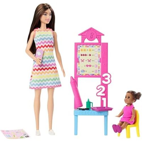 Barbie Teacher Doll with Brunette Fashion Doll with Printed Dress, 1 Toddler Doll, & Teaching Accessories