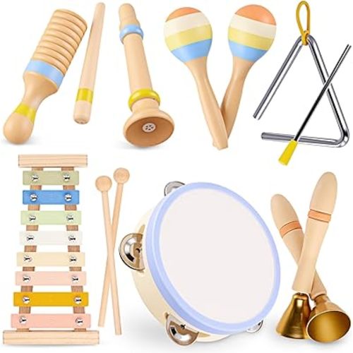 Baby Musical Instruments, Montessori Wooden Musical Toys for Toddlers 1–3, Xylophone Tambourine Triangle Maracas, Wooden Baby Instruments, Kids Preschool Educational Toys, Birthday Gift for Boys Girls