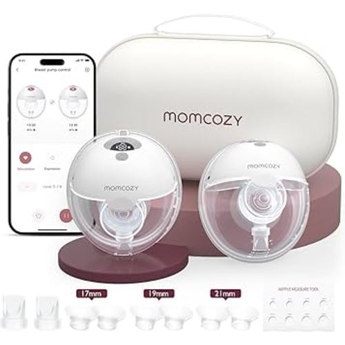 Momcozy M5 Smart APP Controlled Wearable Breast Pump, Hands-Free Wireless Electric Pump, 3 Modes 9 Suction Levels, BPA-Free, Portable Lightweight, 24mm Flange, 2-Pack Quill Gray