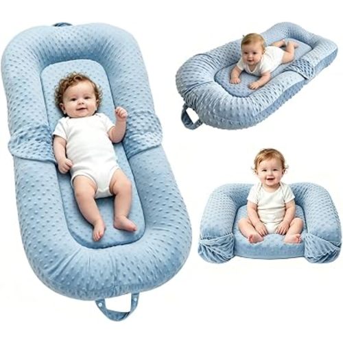 Baby Lounger for Newborn,0-12 Months,Foldable Soft Infant Lounger Pillow for Home and Travel, Baby Nest Lounger with Cover,Multi-Use Portable Baby Lounger for Supervised Play&Tummy Time,Blue