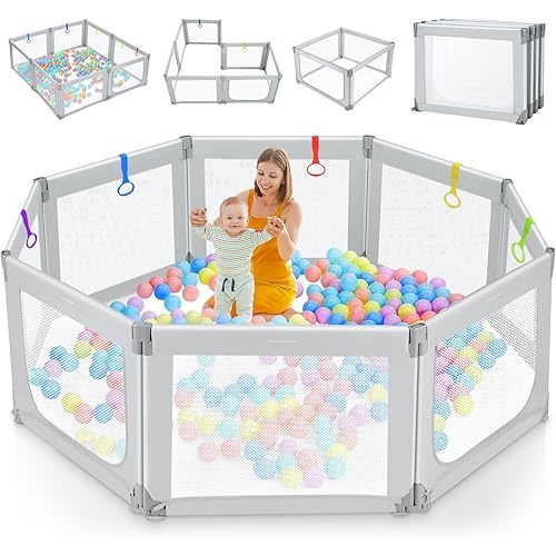 Kidirect Foldable Baby Playpen, 71"×69" Extra Large Play Pen for Babies and Toddlers 1-3, Portable Play Yard with 5 Handles, Indoor Outdoor Safety Baby Gate Fence Play Area with Visible Mesh, Grey