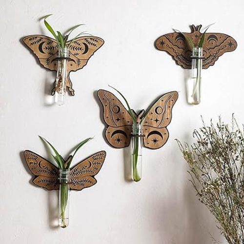 Artilady 4 Pack Wood Plant Terrarium Butterfly Wall Hanging Plant Propagation Station Wall Decor, Rustic Hydroponics Test Tube Plant Cutting Holder Home Office Garden Decor