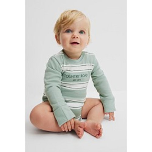 Fern Stripe Organically Grown Cotton Spliced Logo Long Sleeve Bodysuit - Jumpsuits & Bodysuits | Country Road