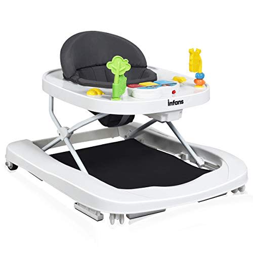 INFANS Foldable Baby Walker, 3 in 1 Toddler Walker Bouncer, Learning-Seated, Walk-Behind, Music, Adjustable Height, High Back Padded Seat, Detachable Trampoline Mat, Activity Walker with Toys, Grey