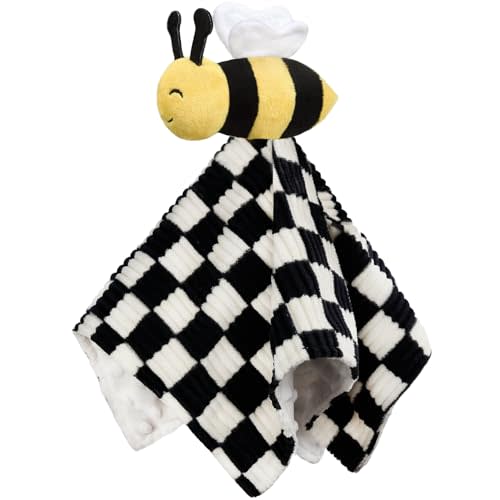 BEILIMU Baby Lovey Blanket for Boys Girls Super Soft Checkerboard Gingham with Minky Dot Fabric Backing Bee Stuffed Animal Lovely Snuggle Toy Black 14 Inch