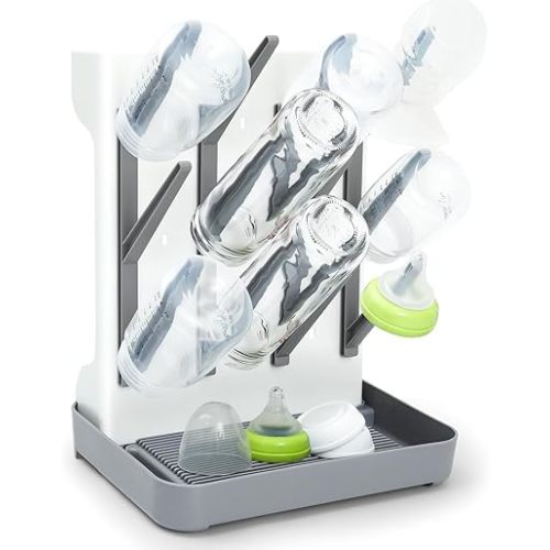 Vertical Baby Bottle Drying Rack - Baby Bottle Organizer for Newborn Essentials, Dish Racks and Kitchen Accessories, Bottle Organizer Baby Storage with 12 Hooks,Bpa-Free (Gray)