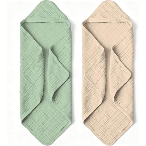 Organic Muslin Hooded Baby Bath Towels - 2 Pack 100% Organic Cotton Towel for Babies, Infants, Toddlers - 32x32Inch - Highly Absorbent and Newborn Essential(Brown Green)