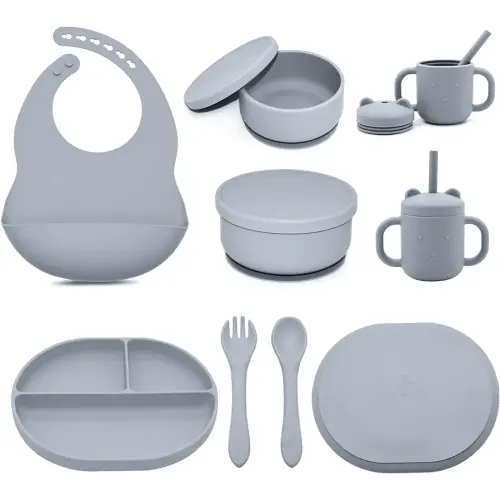 Silicone Baby Feeding Set - Suction Bowl with Lid & Divided Toddler Plates Adjustable Bib Sippy Cup Spoons Forks -Baby Led Weaning Supplies,Toddler Baby Dish Set for 6+ Months