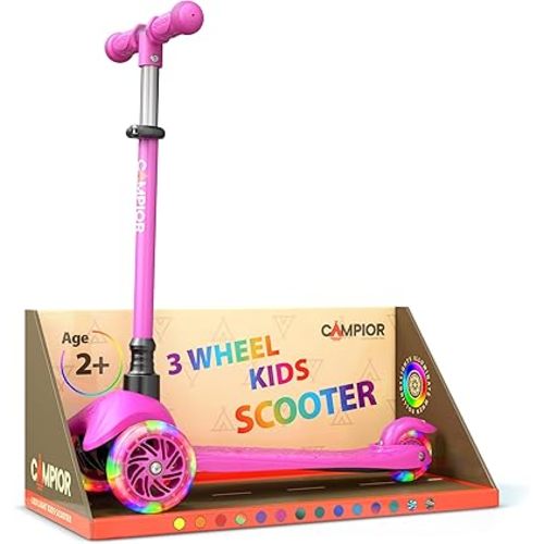 Pink Mini 3 Wheel Scooter for Kids – Lean-to-Steer with LED Light-Up Wheels, Adjustable Handlebar, Wide Anti-Slip Deck, Smooth PU Wheels, Rear Foot Brake – Toddler Scooter for Ages 2+