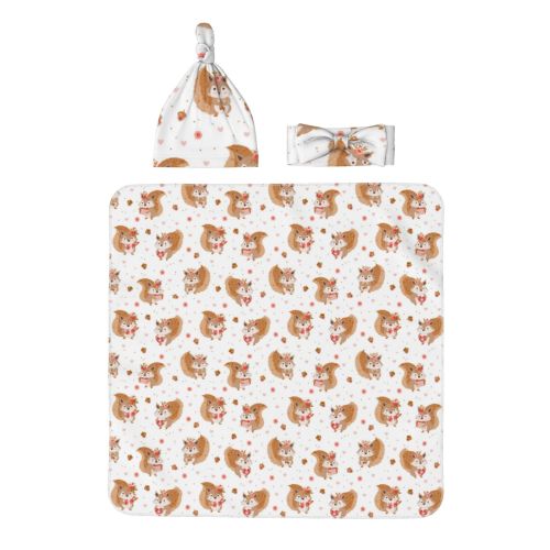 Sikiie Squirrel And Rose Baby Swaddle Blanket Newborn Swaddle and Headband & Baby Hat Newborn Swaddle Set Newborn Receiving Blanket