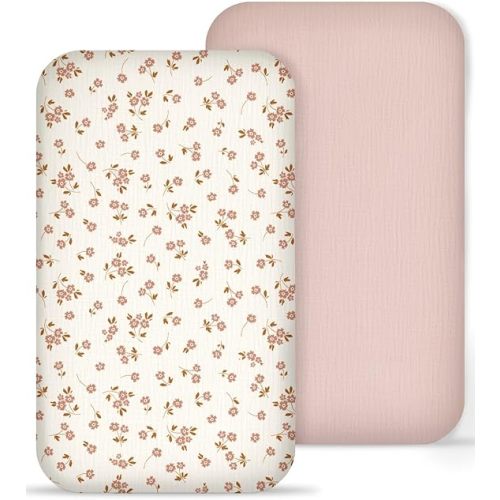 Muslin Bedside Bassinet Sheets 2 Pack, 33x20 Fitted Ultra Soft & Breathable Bedside Sleeper Sheets, Ideal for Baby Girl and Boy, Perfect for Newborns (Rosy)
